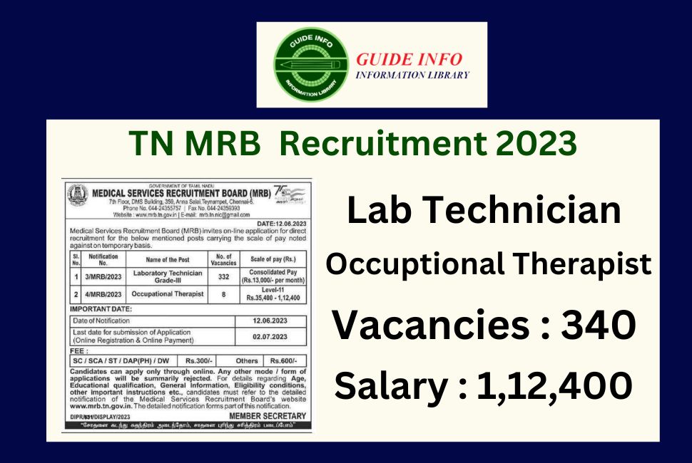 TN MRB Lab Technician Recruitment 2023, Laboratory Technication Grade – III, Occuptional Therapist Apply Online Now